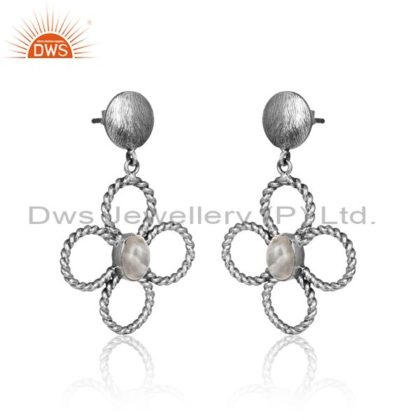 Handcrafted twisted oxidized silver rainbow moonstone earring