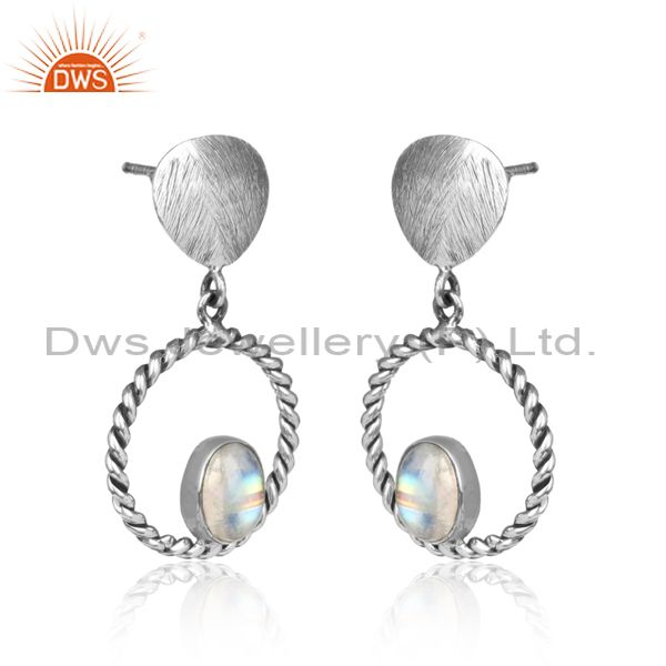 Handcrafted twisted oxidized silver rainbow moonstone dangle