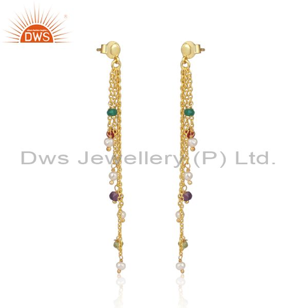 Pearl Set Gold On Silver Multi-Threads Colored End Earrings