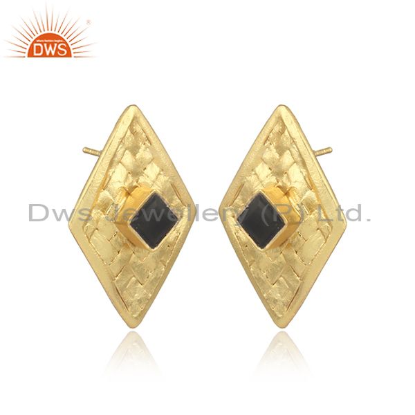 Black onyx set gold on 925 silver custom woven rhombus tops