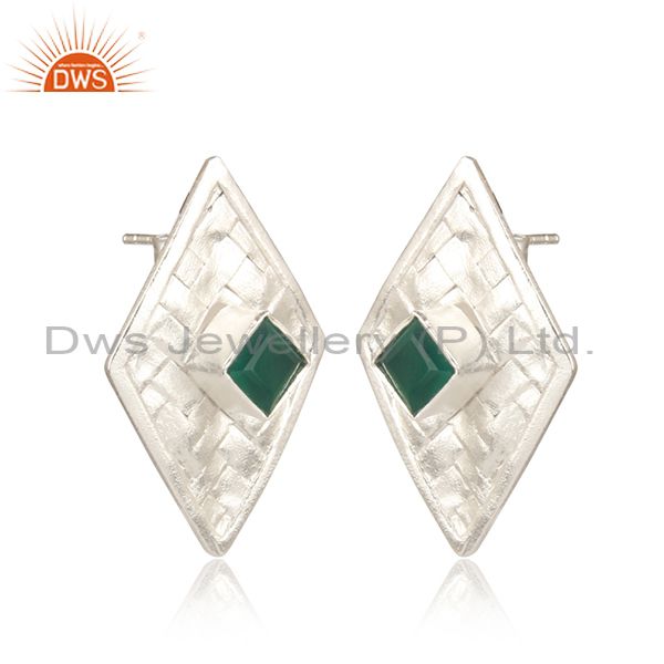 Green onyx set fine 925 silver custom woven rhombus tops