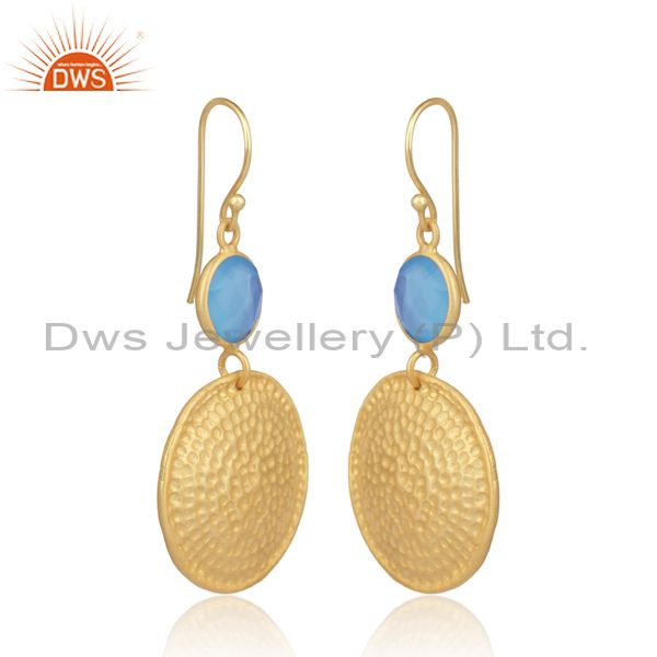 Blue chalcedony set gold on silver round ear wire earrings