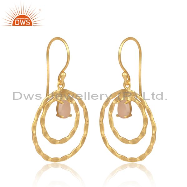 Rose chalcedony set gold on 925 silver double hoop earrings