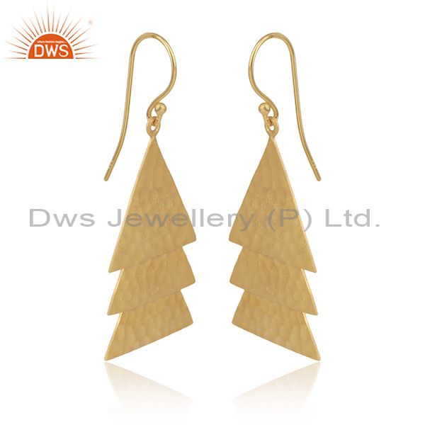 Handmade Gold On 925 Silver Triangle Tree Long Drop Earrings