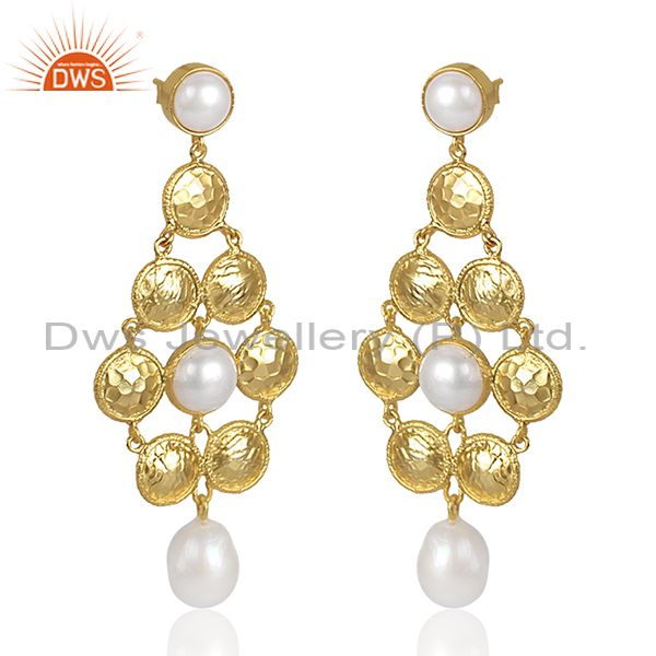 Pearls Set Handmade Long Gold On Silver Chandelier Earrings