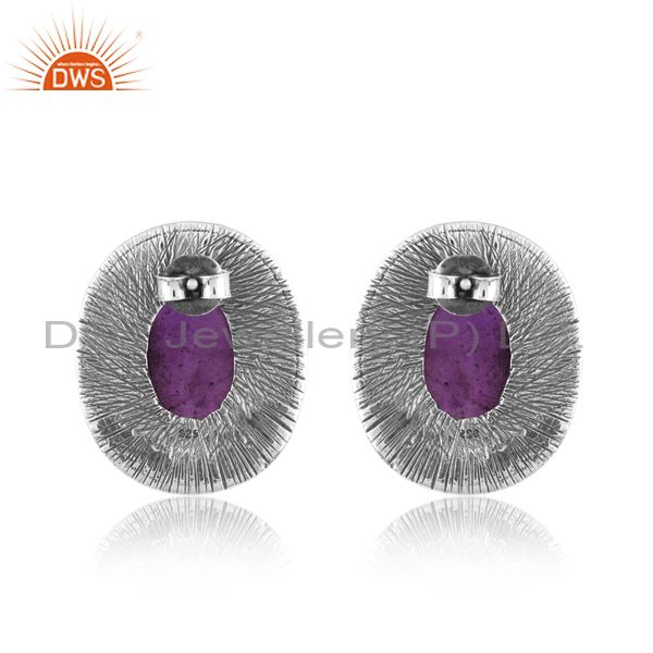 Sterling Silver Oxidized Earrings With Amethyst Cabochon Gem