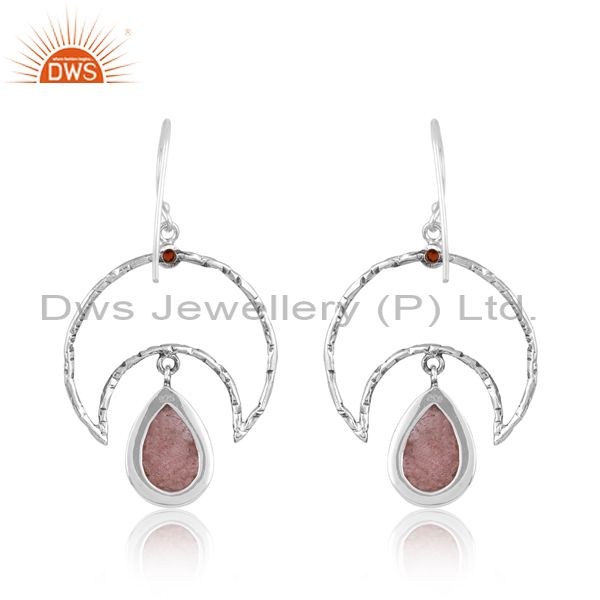 Sterling Silver Earring With Strawberry Quartz Cabochon