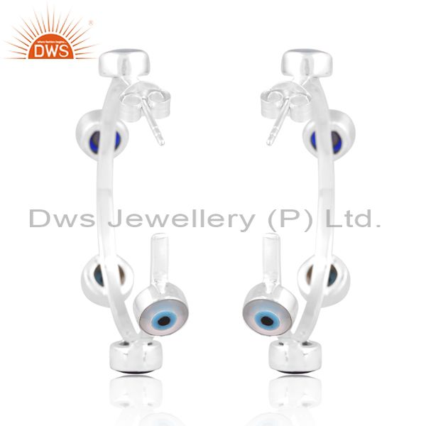 White Silver Earring With Blue Resin Coin Evil Eye & Pearl