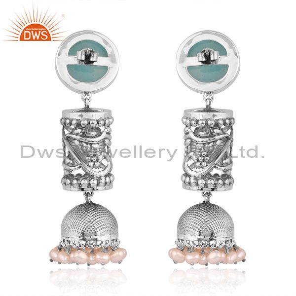Aqua Chalcedony & Pearl Beads On Oxidized Silver Earring