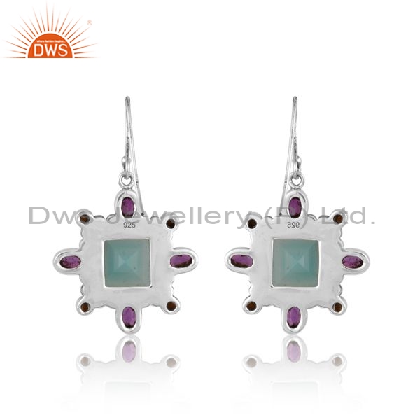 Silver Earrings With Aqua Chalcedony, Amethyst And Pearl