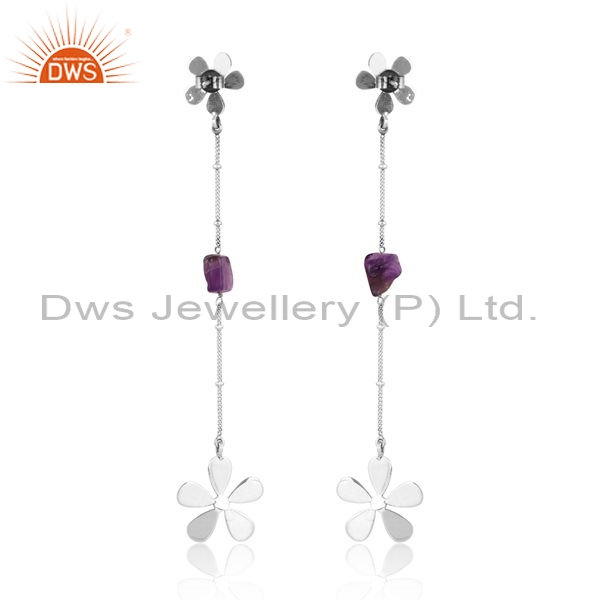 Sterling Silver Earrings With Amethyst Rough Unshaped Stone
