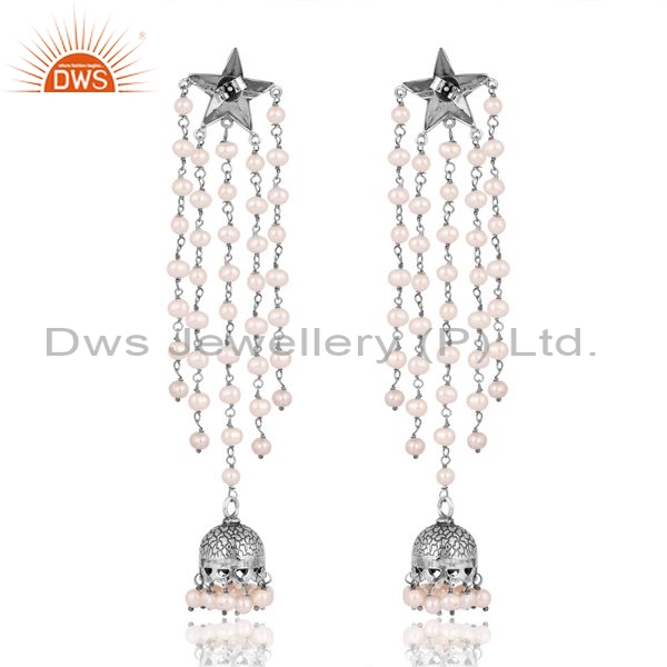 Sterling Silver Earrings With Pearl Beads Round Cut