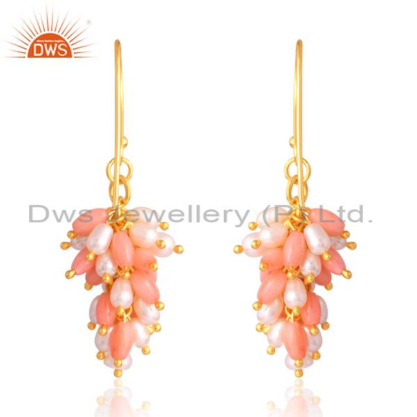 18K Gold Silver Pink Coral & Briolet Pearl Drop Earrings