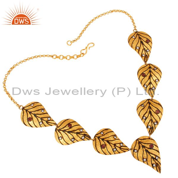 Exporter Gold Plated Sterling Silver Unique Artisan Leaf Design Necklace With Tourmaline