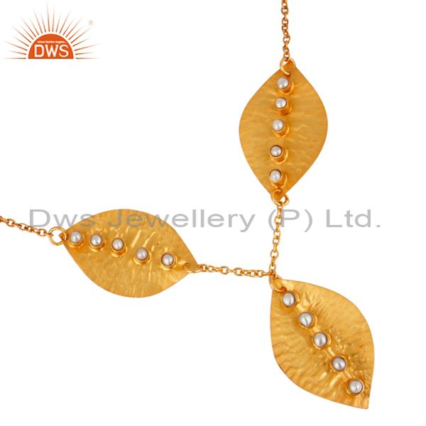 Exporter Natural Pearl Gold Plated 925 Silver Leaf Design Necklace Manufacturer
