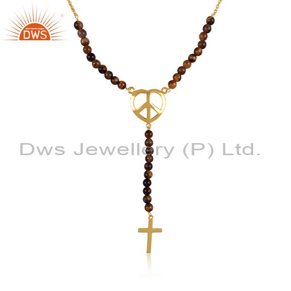 5mm tiger eye round beads sterling silver peace and cross charms necklace
