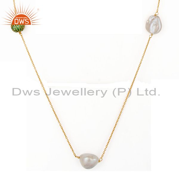 Exporter 18K Yellow Gold Plated Sterling Silver Green Cubic Zirconia And Pearl Necklace