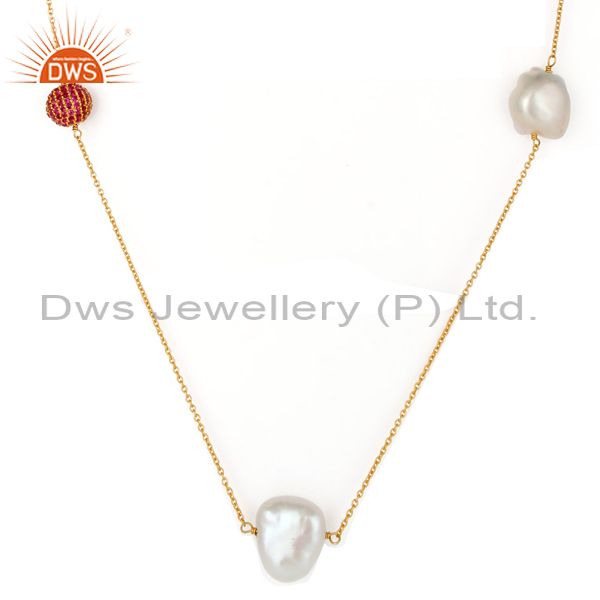 Exporter 18K Yellow Gold Plated Sterling Silver Red Cubic Zirconia & Pearl Chain Necklace