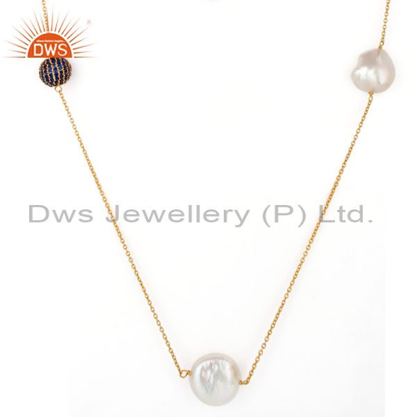 Exporter 18K Yellow Gold Plated Sterling Silver Blue Cubic Zirconia And Pearl Necklace