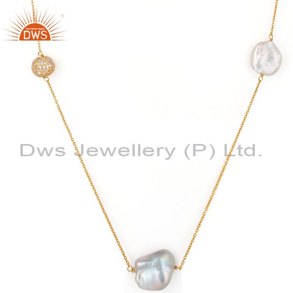 Exporter 18K Gold Plated Sterling Silver White Cubic Zirconia & Pearl 30" Chain Necklace