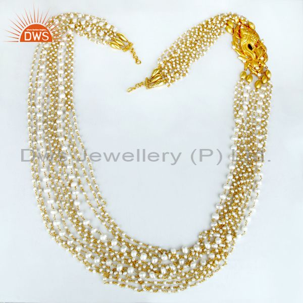 Exporter 14K Gold Plated 925 Silver Handmade Pearl Beads 35 Inch Temple Jewelry Necklace