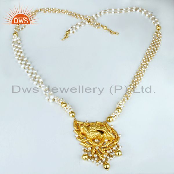 Exporter 14K Gold Plated 925 Silver Handmade Peacock Design Pearl Beads 32 Inch Necklace