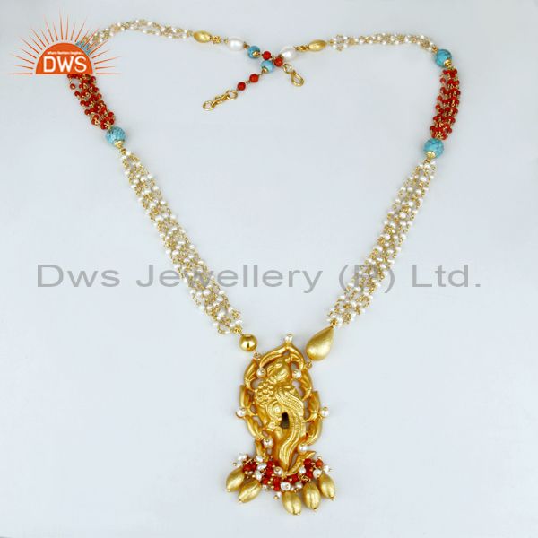 Exporter 14K Gold Plated 925 Silver Handmade Peacock Design Pearl Necklace Jewelry
