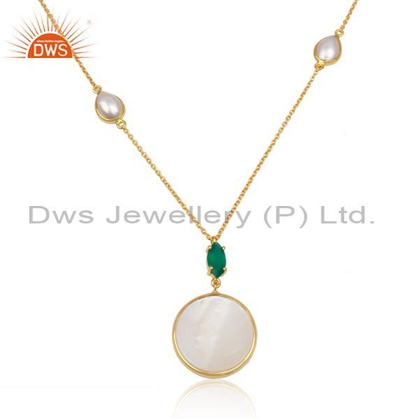 Handmade gold over silver 925 necklace with green onyx and pearl
