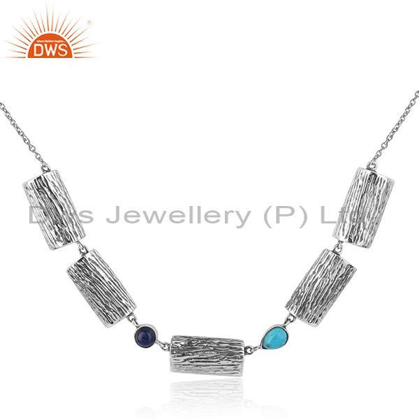 Vintage design oxidized 925 silver turquoise lapis gemstone necklace