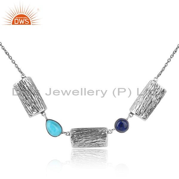 Natural turquoise gemstone designer oxidized 925 silver necklace