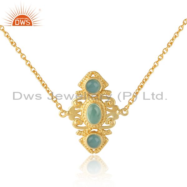 Boho Style Aqua Chalcedony Necklace in Gold On Silver 925 Wholesale