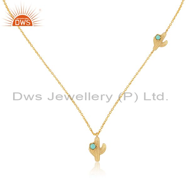 Cactus designer gold over silver 925 necklace with arizona turquoise