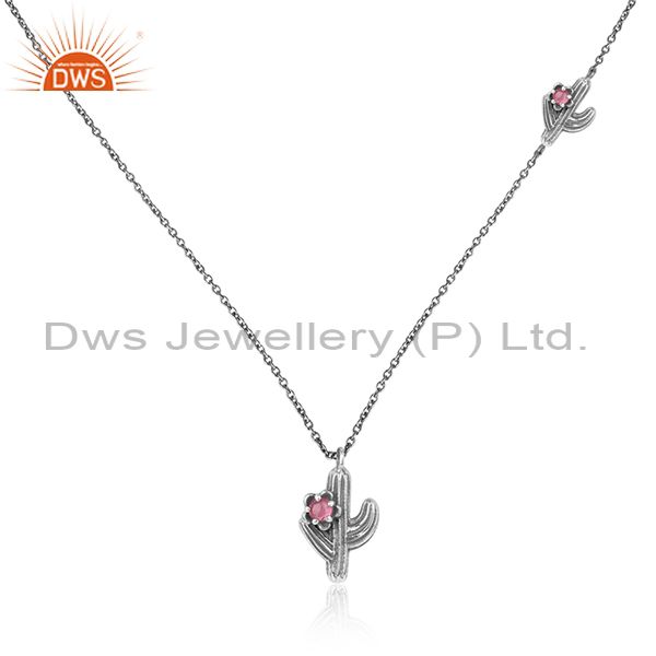Cactus designer oxidized silver 925 necklace with pink tourmaline