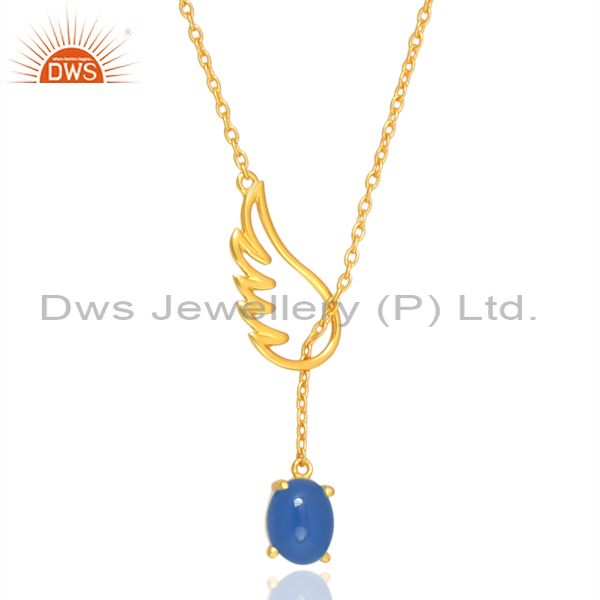 Silver Necklace In Gold With Loop And Blue Chalcedony Drop