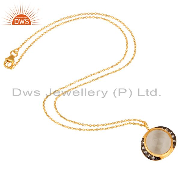 Suppliers 22K Yellow Gold Plated Sterling Silver White Moonstone And CZ Pendant Necklace