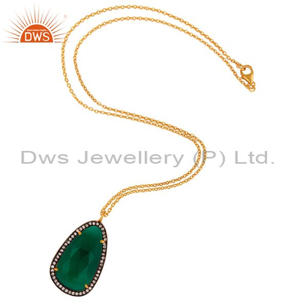 Exporter 18k Gold Plated 925 Sterling Silver Green Onyx Gemstone Pendant With Zircon