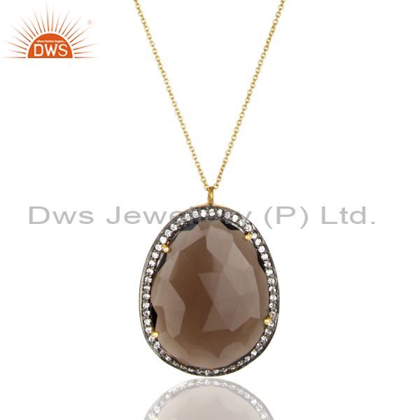 Exporter 14K Gold Plated 925 Sterling Silver Smokey White Zircon Prong Set Chain Pendant