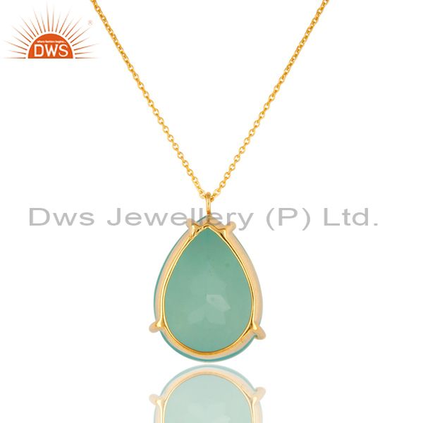 Exporter 14K Yellow Gold Plated Sterling Silver Aqua Chalcedony Glass Pendant With Chain