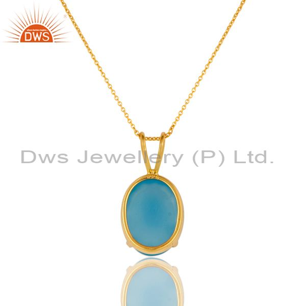 Suppliers 14K Yellow Gold Plated Sterling Silver Aqua Blue Chalcedony Pendant With Chain