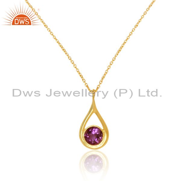 Exporter 14K Yellow Gold Plated Sterling Silver Amethyst Gemstone Drop Pendant With Chain