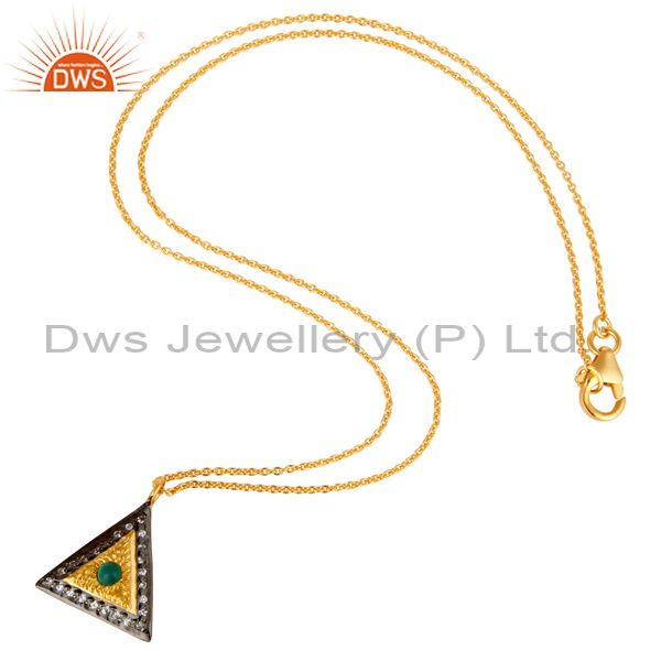 Suppliers Shiny 14K Yellow Gold Plated Sterling Silver Green Onyx & CZ Pendant With Chain