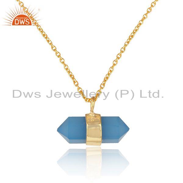 Designer blue chalcedony pencil necklace with yellow gold on silver