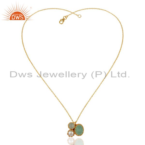 Exporter Pearl and Aqua Chalcedony Gemstone Gold Plated Silver Pendnat Jewelry