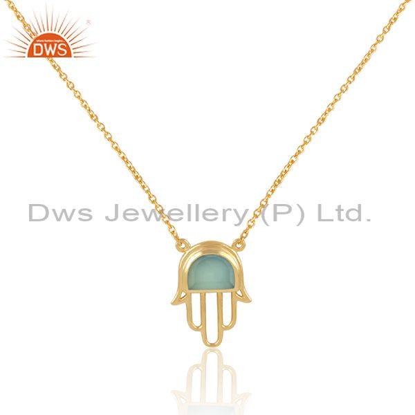 Gold on silver aqua chalcedony set hamsa pendant and chain