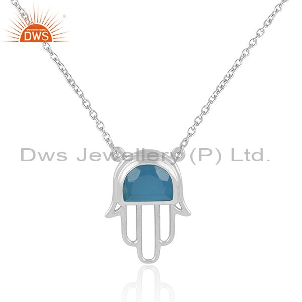 Designer hamsa hand necklace in silver with blue chalcedony