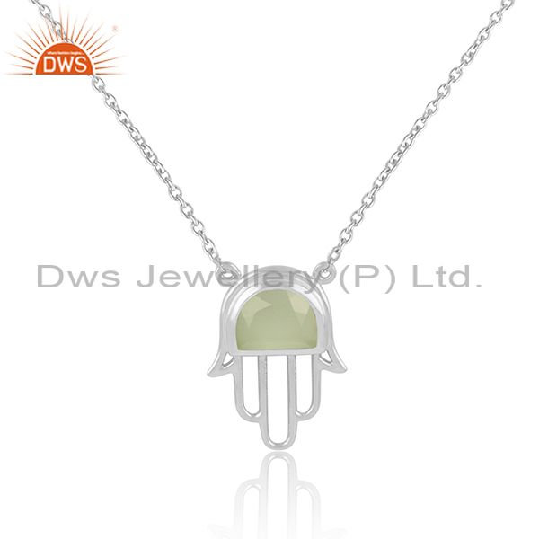 Designer hamsa hand necklace in silver with prehnite chalcedony
