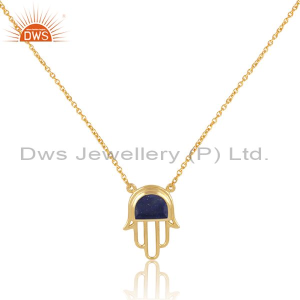 Gold on sterling silver lapis set hamsa pendant and chain