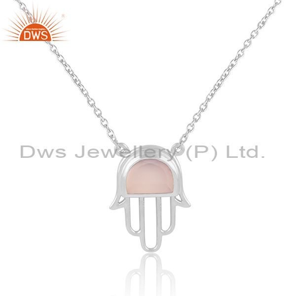 Designer hamsa hand necklace in silver 925 with rose chalcedony