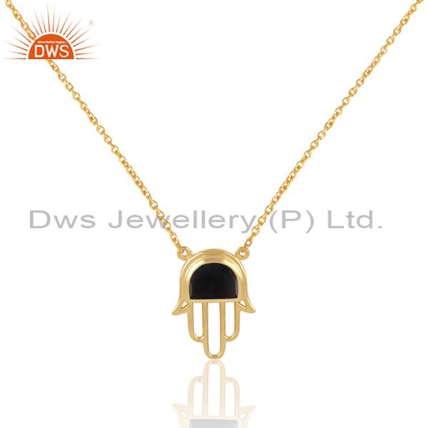 Gold on 925 silver black onyx set hamsa pendant and chain