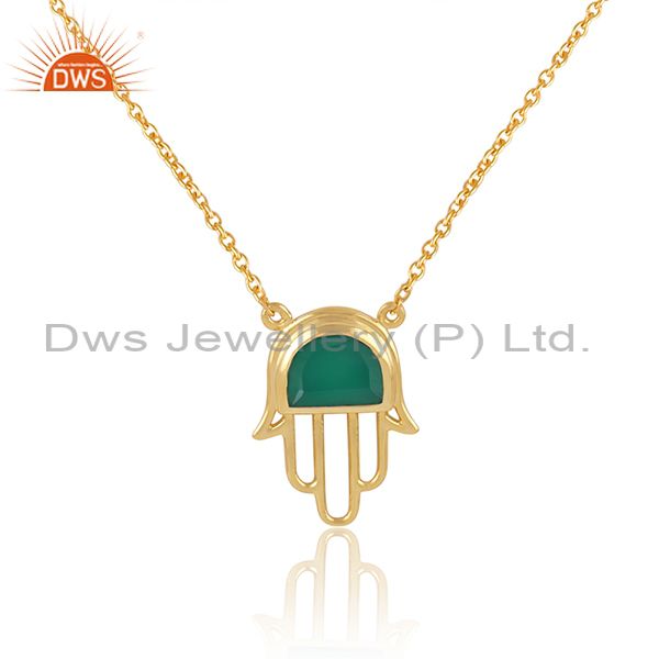 Gold on 925 silver green onyx set hamsa pendant and chain